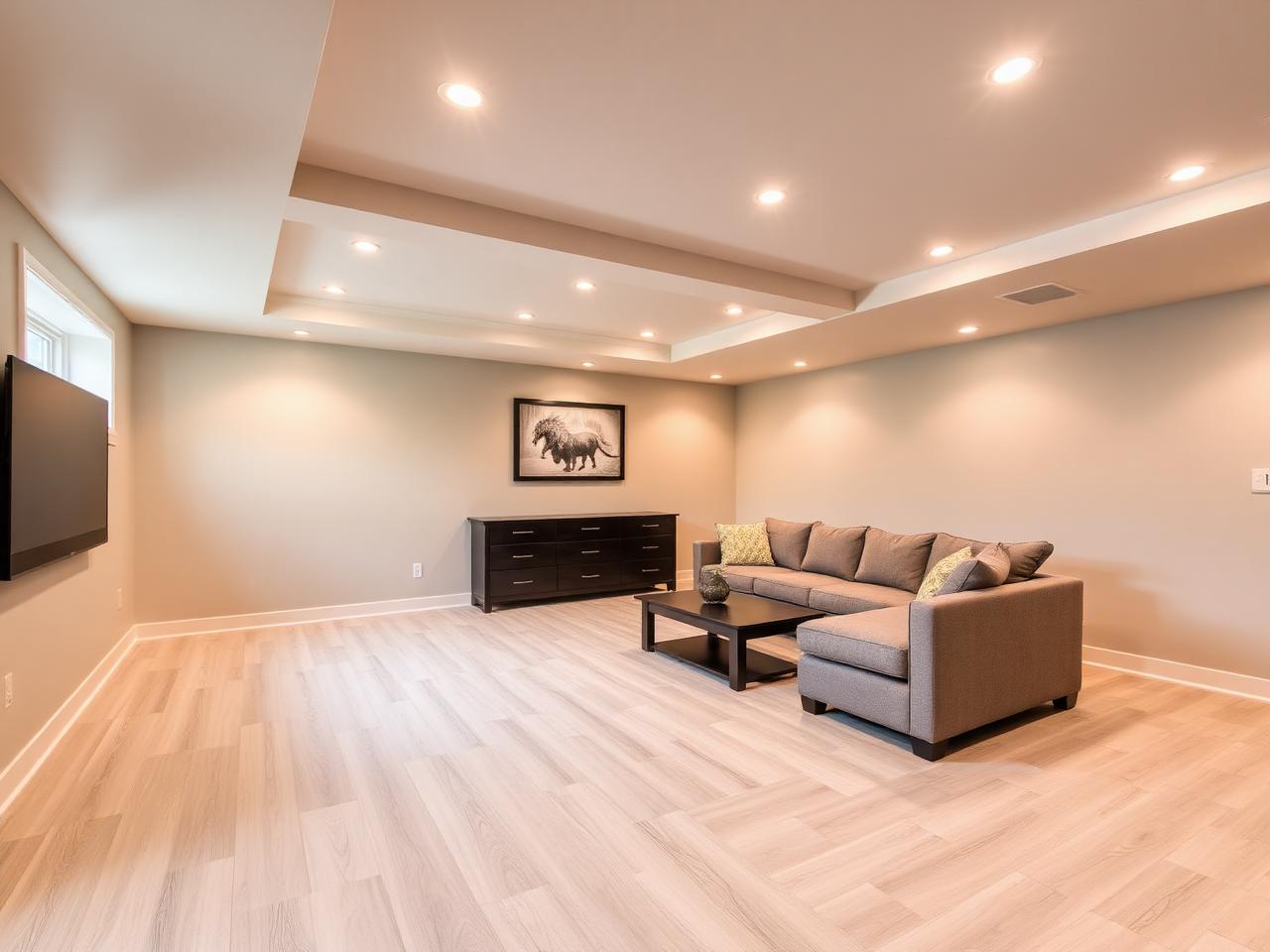 Bright finished basement living space with light oak flooring, cream walls, warm recessed lighting and comfortable seating
