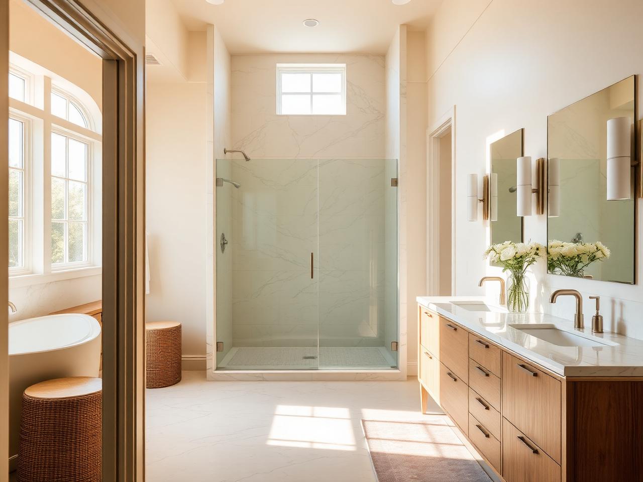 Bright renovated bathroom with pale stone tile and a glass walk-in shower