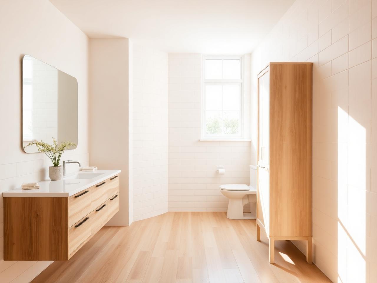 Compact renovated bathroom with corner shower and warm lighting