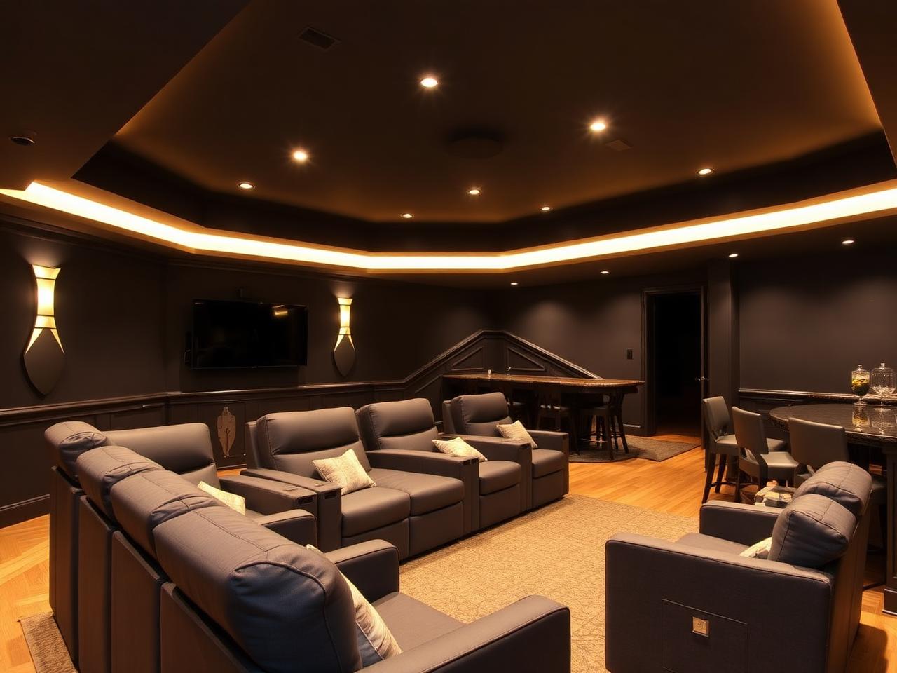 Finished basement with theater seating, bar area and warm recessed lighting