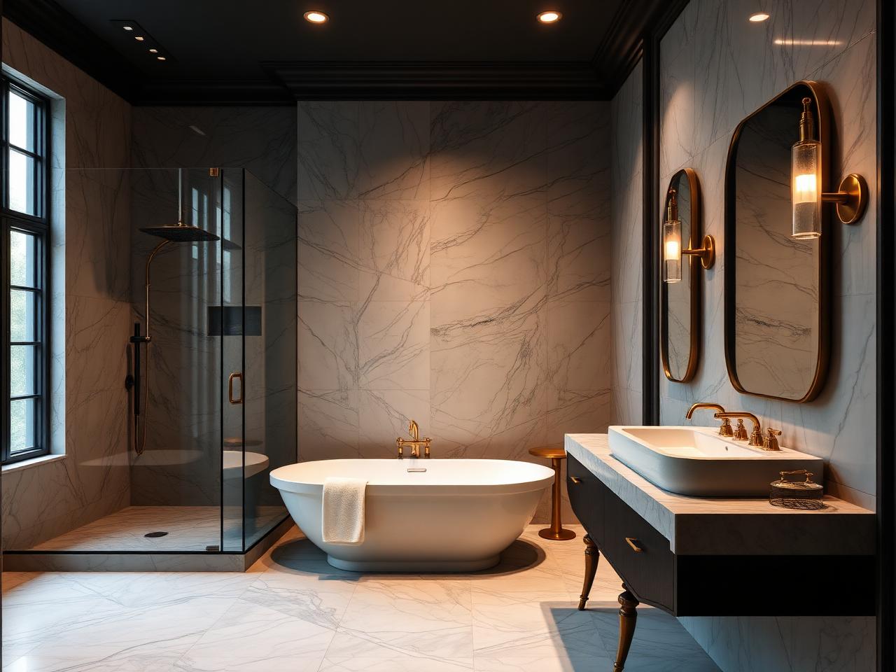 Renovated Hollis bathroom with marble tile, glass walk-in shower and brass fixtures
