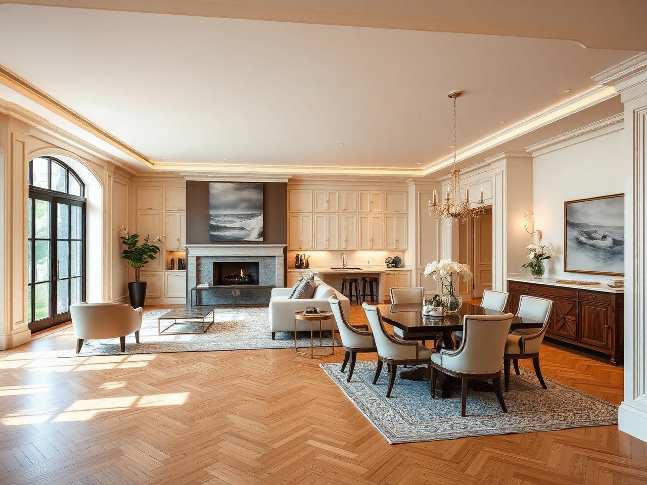 Renovated open-plan living and dining space in a Hollis home with custom millwork