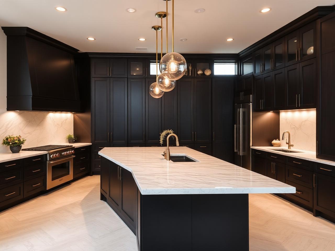 Renovated Hollis kitchen with custom cabinetry, stone island and warm pendant lighting