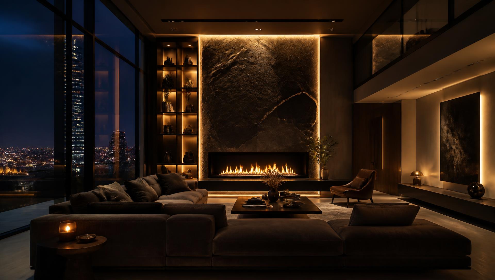 Completed luxury living room renovation with stone fireplace at night