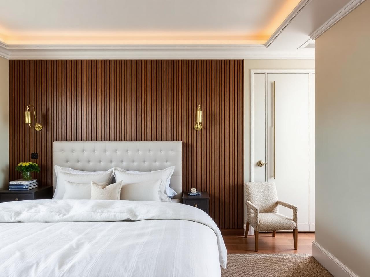 Primary bedroom renovation with wood slat feature wall