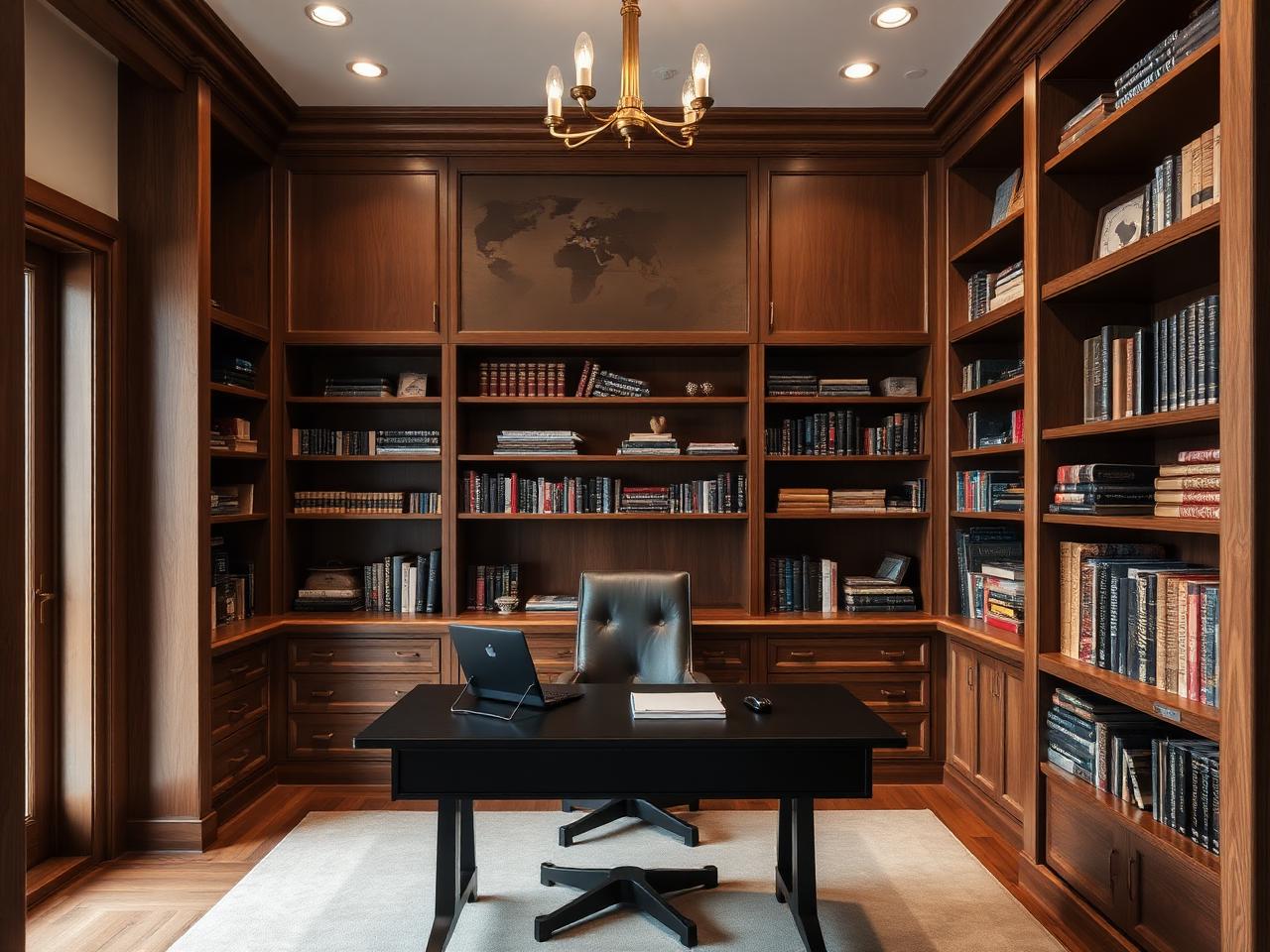 Custom home office with built-in walnut shelving