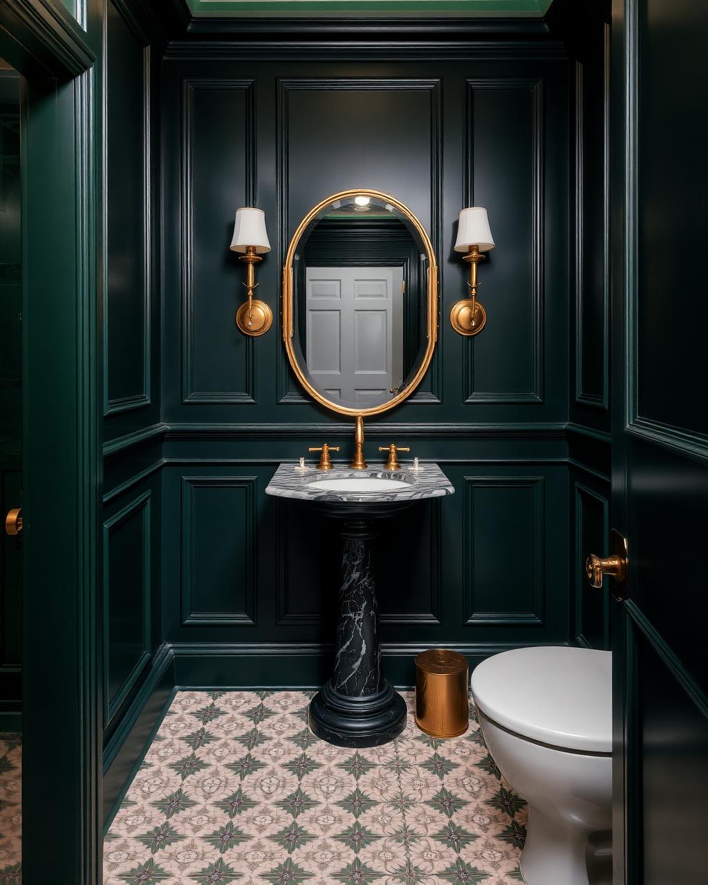 Dark green powder room with marble pedestal sink