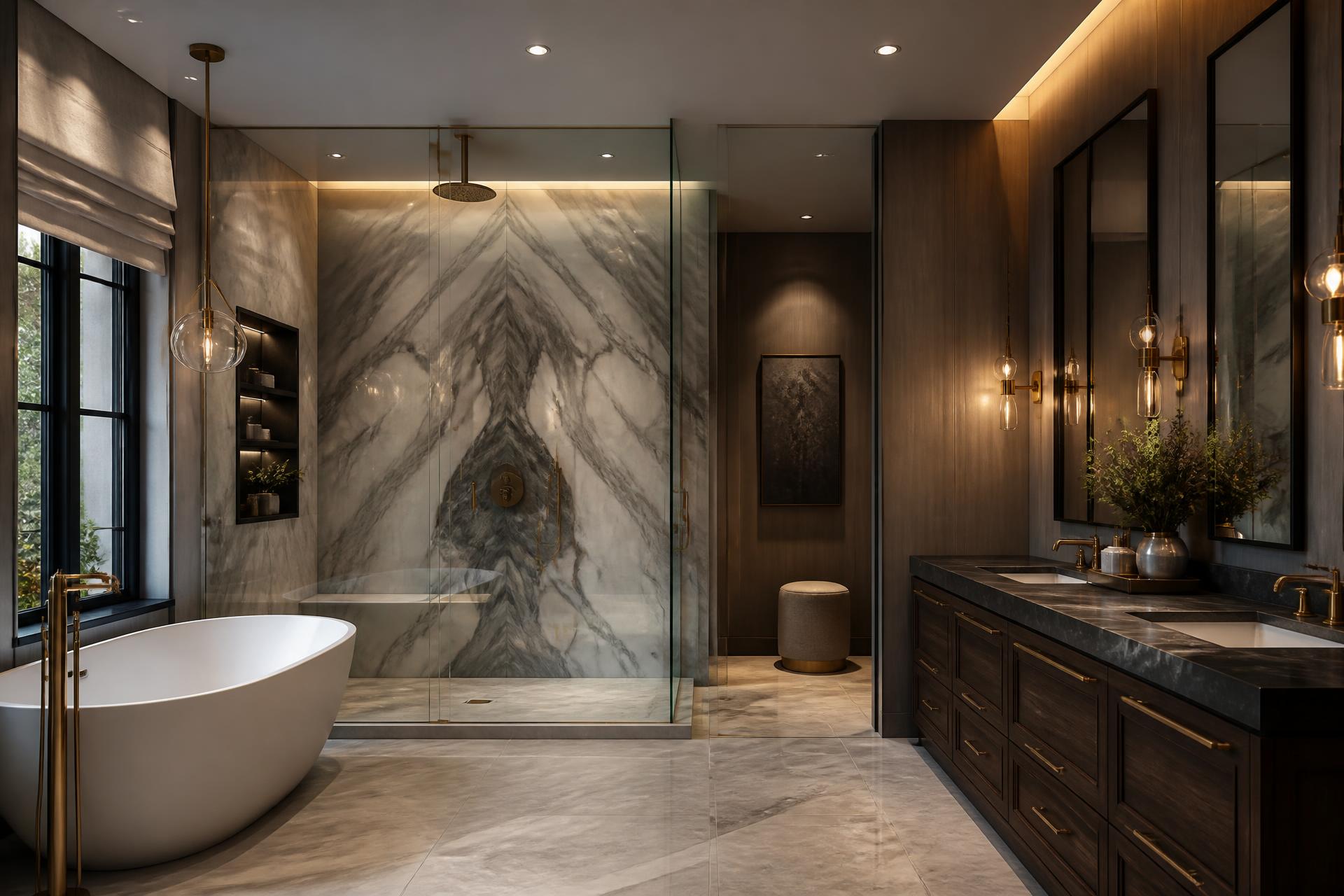 Completed luxury bathroom renovation by Paramount Builders with marble walls, freestanding tub and brass fixtures