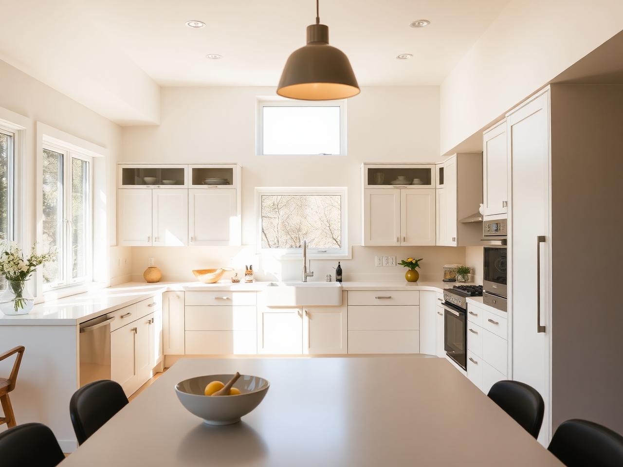 Bright renovated kitchen with pale cabinetry, stone counters and daylight