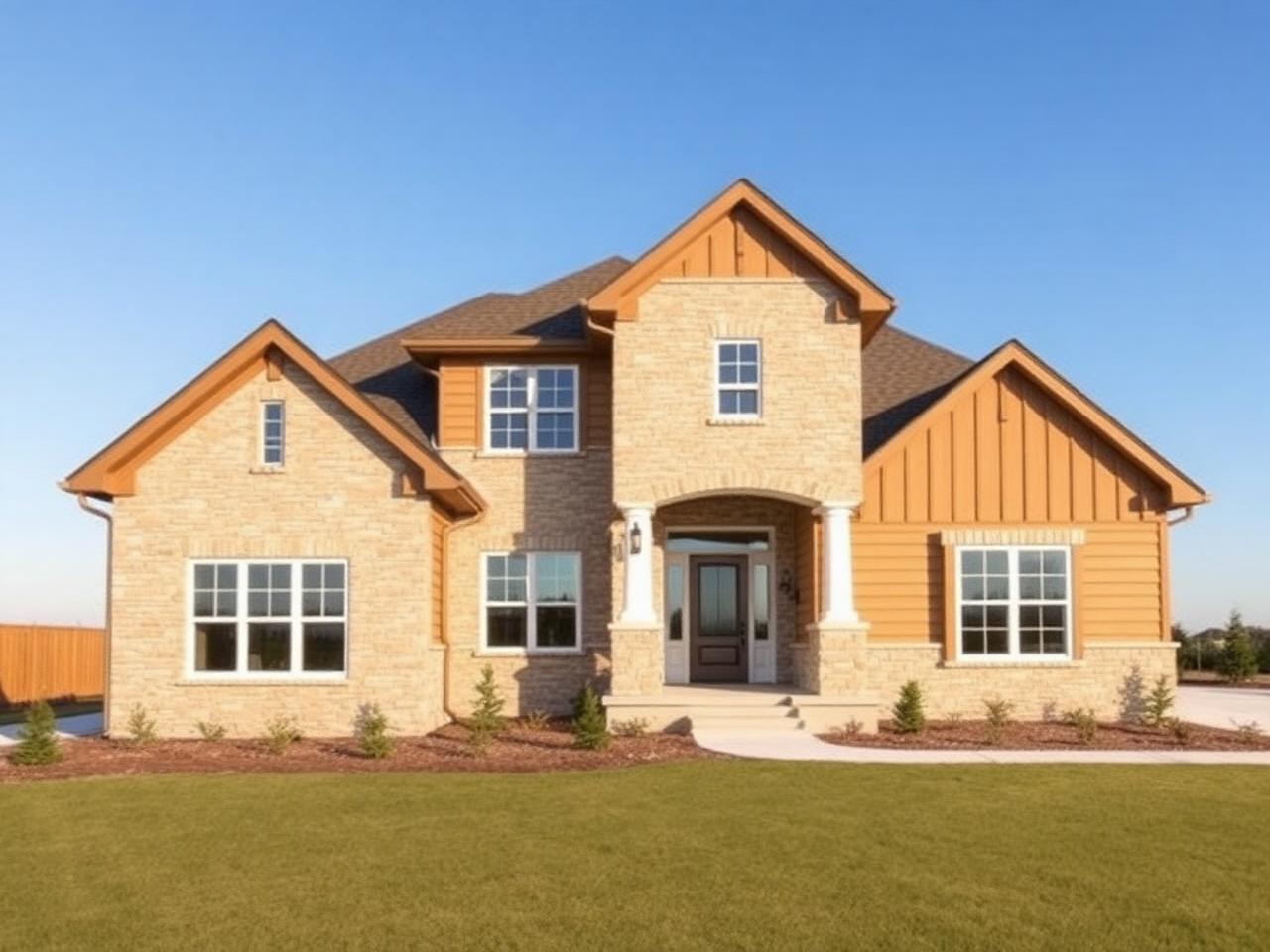 The same house completed, with stone and siding exterior, finished roof and landscaping