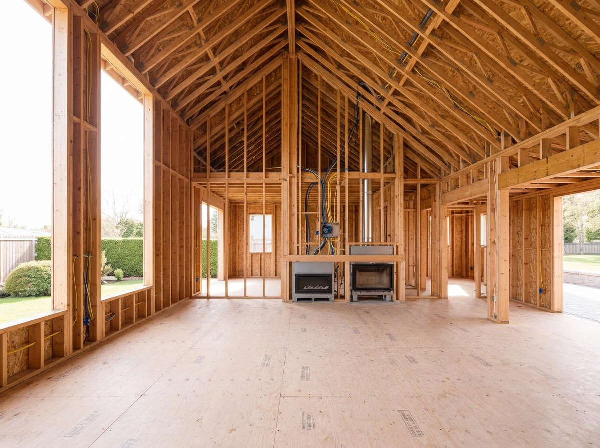 Open framed interior great room with exposed studs, ceiling framing, plywood subfloor and rough window openings
