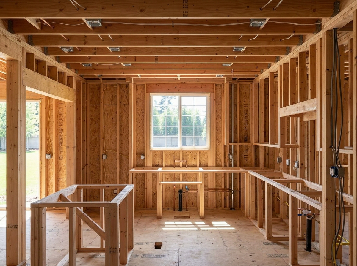 Kitchen area in rough framing with exposed studs, ceiling joists, plumbing and electrical rough-in and a framed window opening