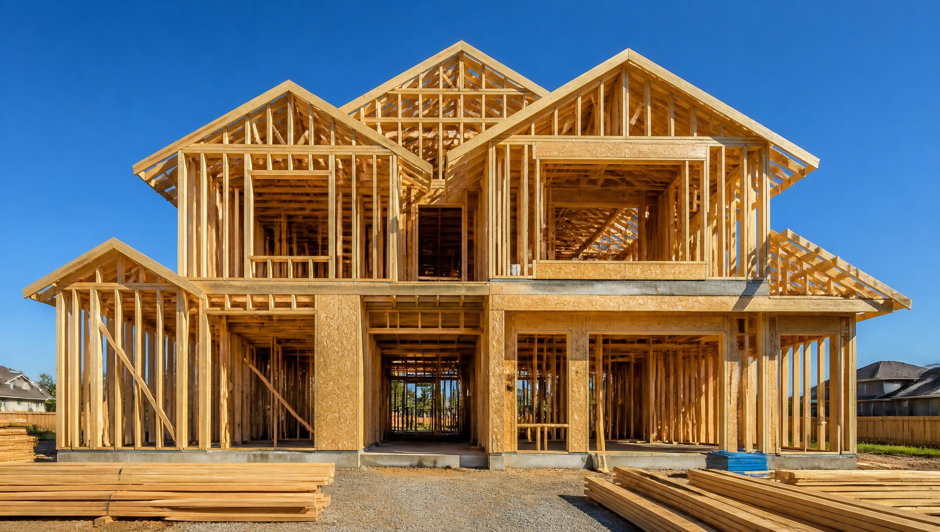 Large two-story residential home under construction in the open wood framing stage with roof trusses and framed window openings in bright daylight