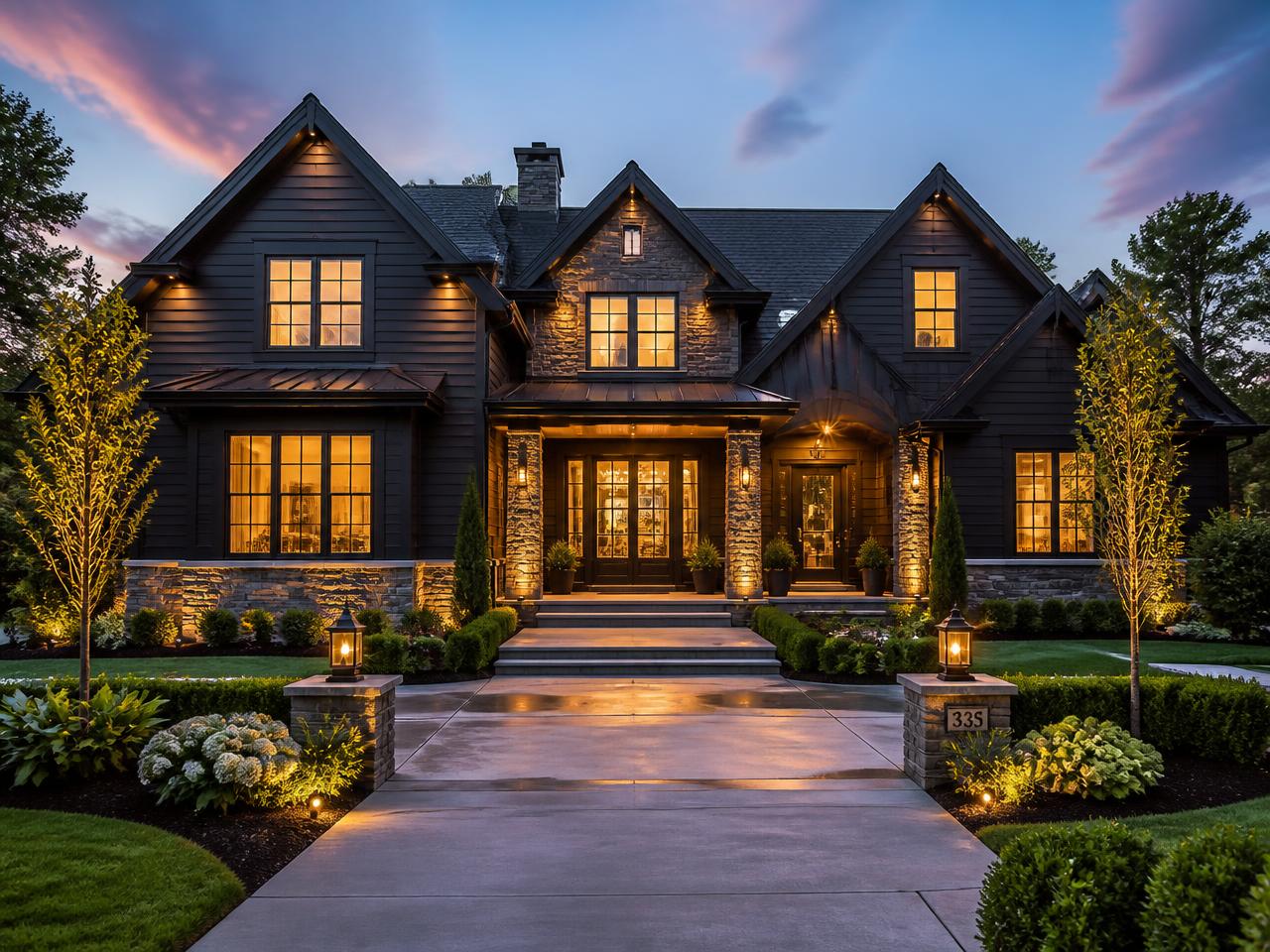 Completed custom built home exterior at dusk